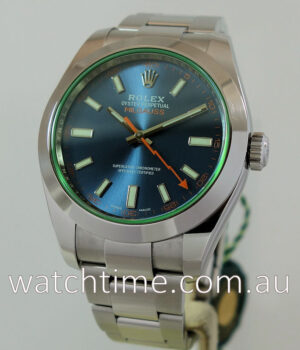 Rolex Milgauss Blue Dial, Green Crystal  116400GV  Dec. 2018