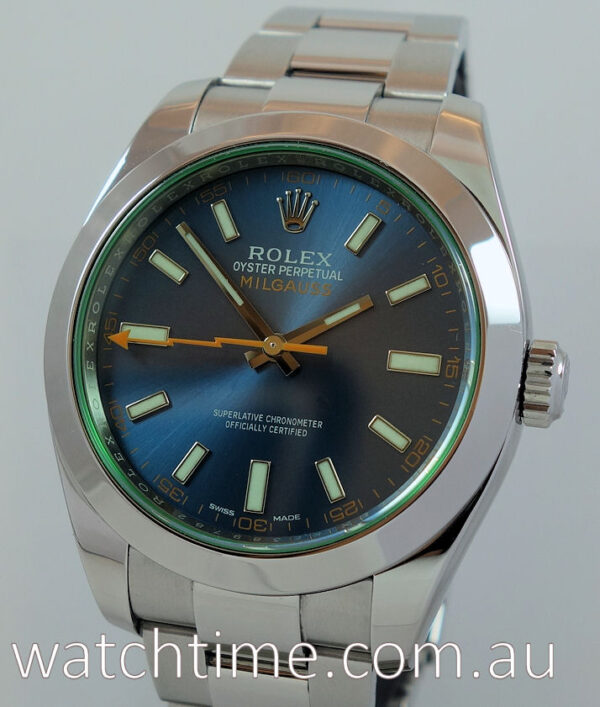 Rolex Milgauss Blue Dial, Green Crystal  116400GV