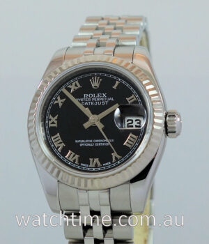 Rolex Lady Datejust Steel   18k White-Gold  Black Roman dial  179174