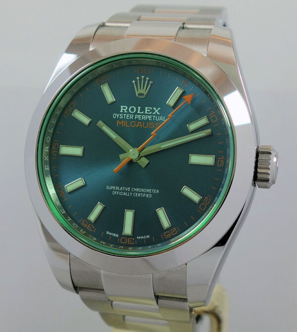 Rolex Milgauss Blue Dial, Green Crystal  116400GV  March 2020