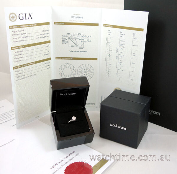 Paul Bram Diamond Solitaire Ring  1.01cts   GIA Cert
