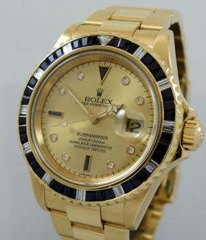 Rolex Submariner 18k Yellow-Gold 16618  Serti-dial, Diamond & Sapphire bezel B&P