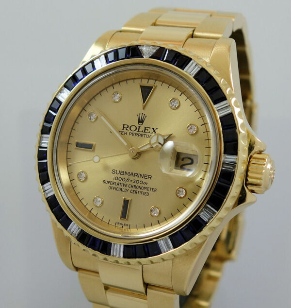 Rolex Submariner 18k Yellow-Gold 16618  Serti-dial, Diamond & Sapphire bezel B&P
