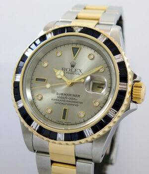 Rolex Submariner 18k   Steel 16613 Silver Factory Serti-dial Box   Papers