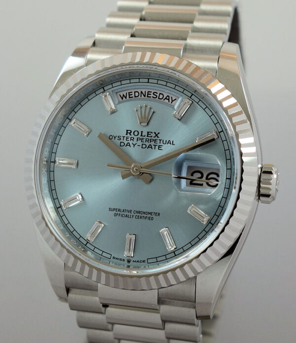 Rolex Day Date 36mm Ice Blue Diamond Baguette Solid Platinum 128236 *SOLD*