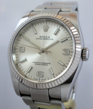 Rolex Oyster Perpetual 36mm 18k W Gold Fluted bezel 116034  Box   Card