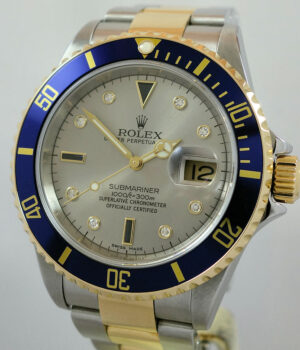 Rolex Submariner 18k   Steel 16613 Silver Factory Serti-dial Box   Papers