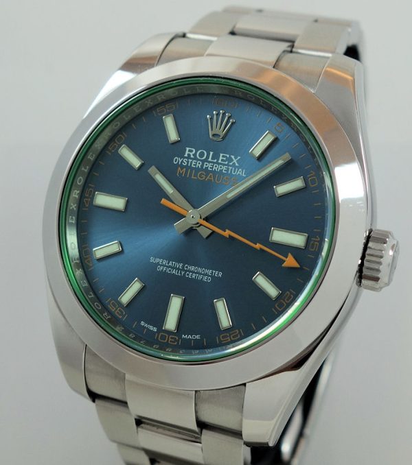 Rolex Milgauss Blue Dial, Green Crystal  116400GV  July 2016