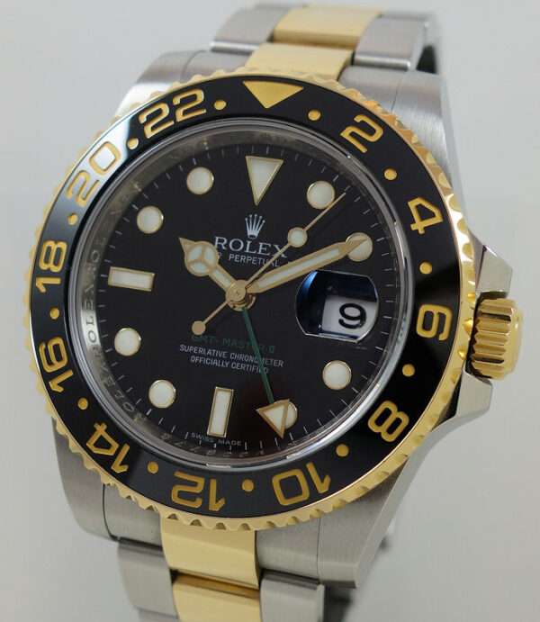 Rolex GMT II 18k Gold & Steel 116713LN Box &  Card *Rolex Serviced*