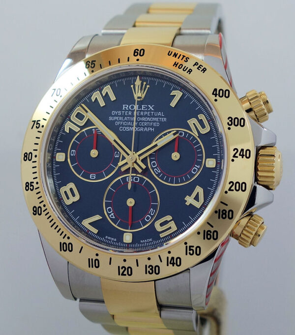 Rolex Daytona 18k Gold & Steel, Blue Arabic dial  116523 2 year Rolex Service Warranty.