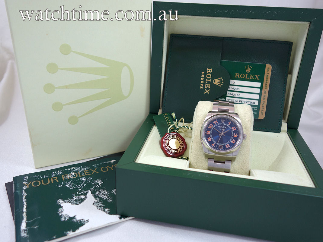 DSC09184 Rolex Air-King 114200 Blue Concentric Arabic dial Box & Card