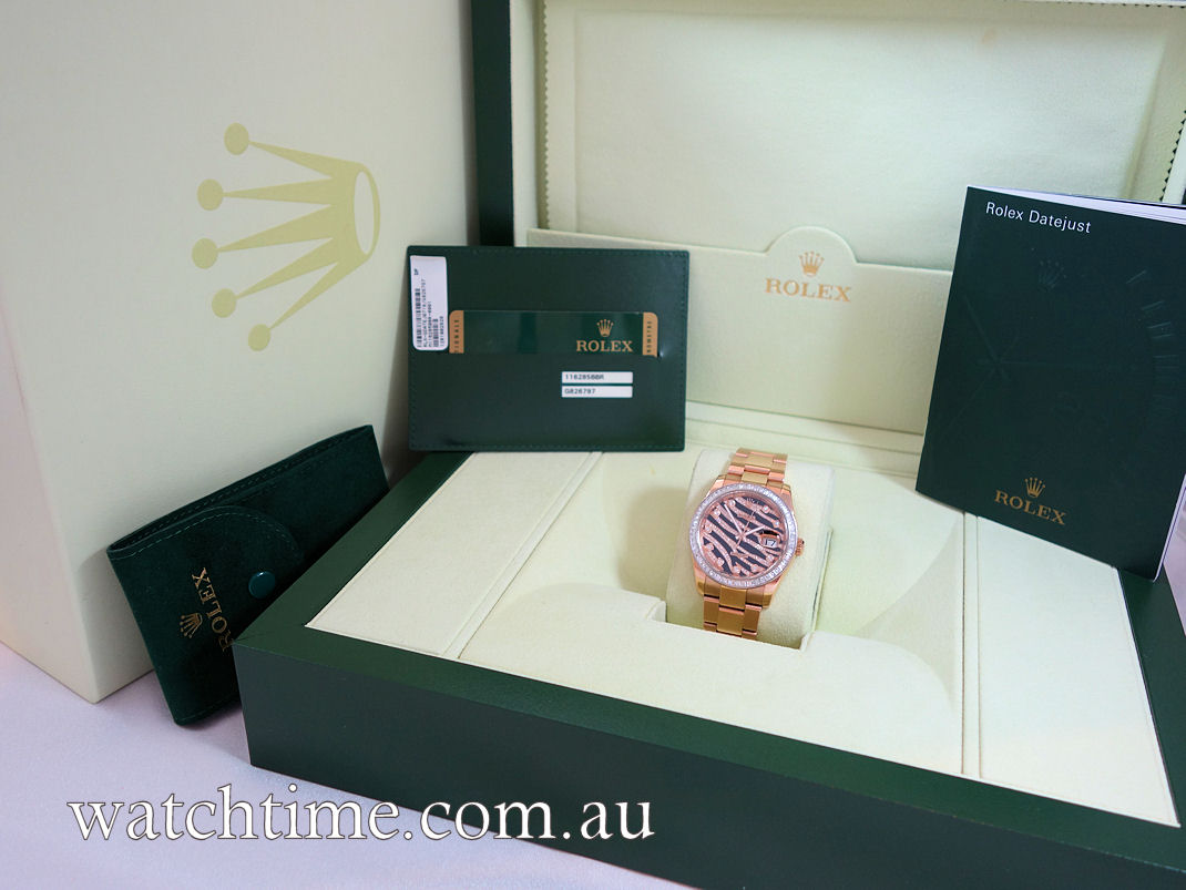 DSC09705 ROLEX Datejust 18ct Everose Gold, RARE FACTORY Tiger Diamond Dial & Baguette Diamond Bezel 116285BBR Box & Card. *As New*