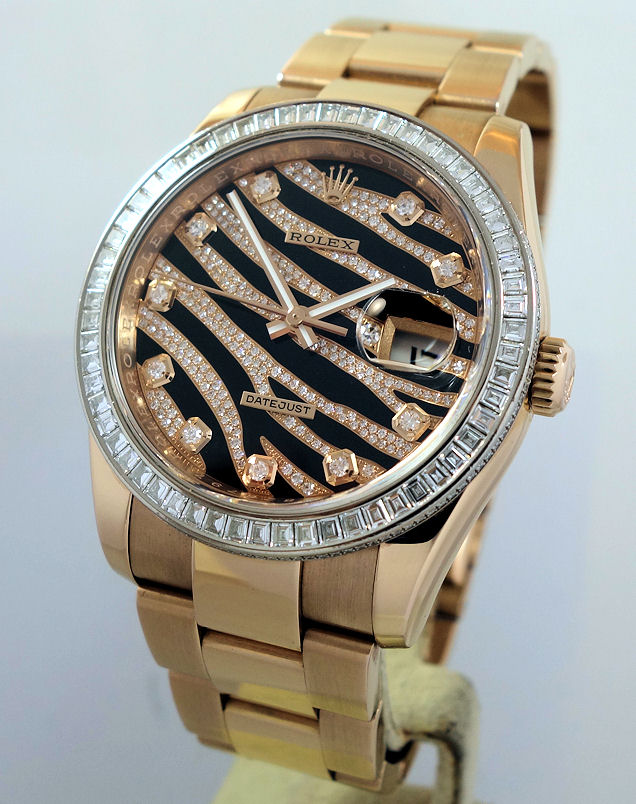 DSC09711 ROLEX Datejust 18ct Everose Gold, RARE FACTORY Tiger Diamond Dial & Baguette Diamond Bezel 116285BBR Box & Card. *As New*