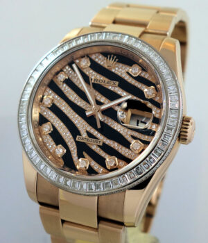 ROLEX Datejust 18ct Everose Gold, RARE  FACTORY Tiger Diamond Dial & Baguette Diamond Bezel 116285BBR Box & Card. *As New*