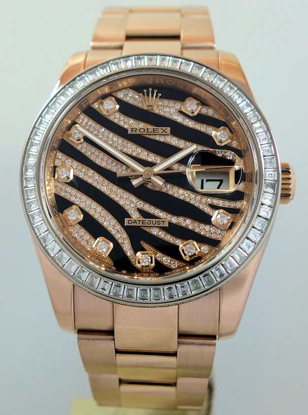 DSC09719 ROLEX Datejust 18ct Everose Gold, RARE FACTORY Tiger Diamond Dial & Baguette Diamond Bezel 116285BBR Box & Card. *As New*