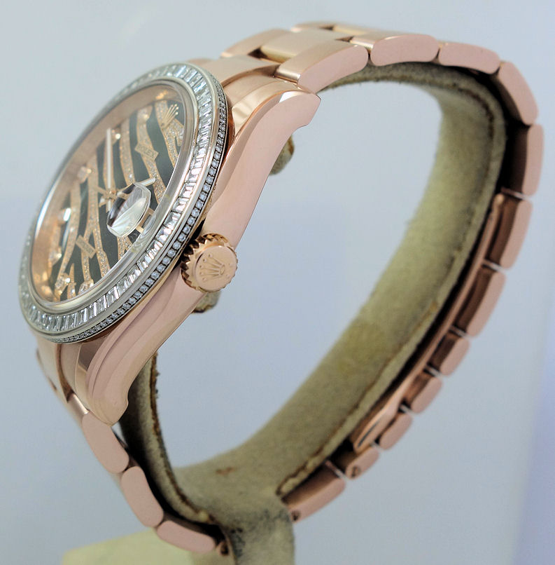 DSC09726 ROLEX Datejust 18ct Everose Gold, RARE FACTORY Tiger Diamond Dial & Baguette Diamond Bezel 116285BBR Box & Card. *As New*