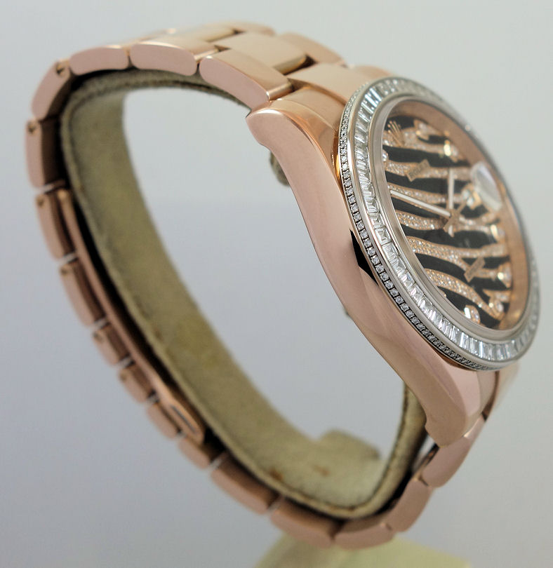 DSC09728 ROLEX Datejust 18ct Everose Gold, RARE FACTORY Tiger Diamond Dial & Baguette Diamond Bezel 116285BBR Box & Card. *As New*