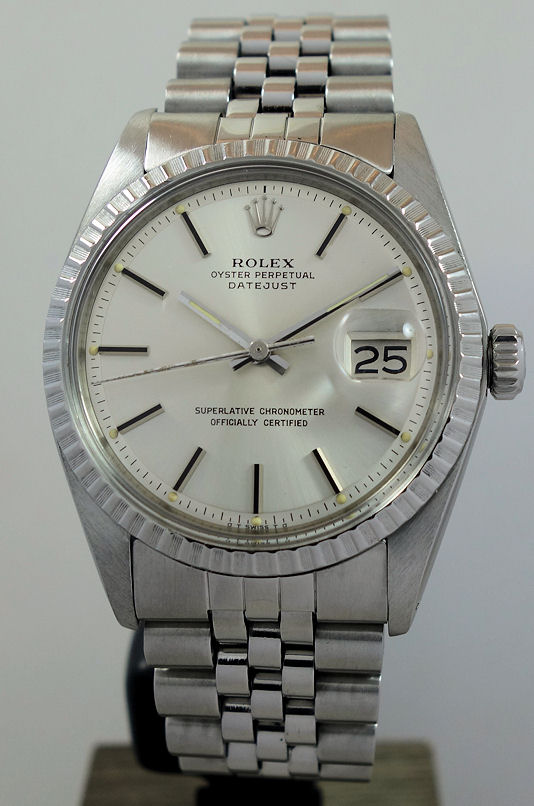 DSC09759 Rolex 1603 Datejust 36mm Steel with Engine-turned Bezel & Silver dial c 1978
