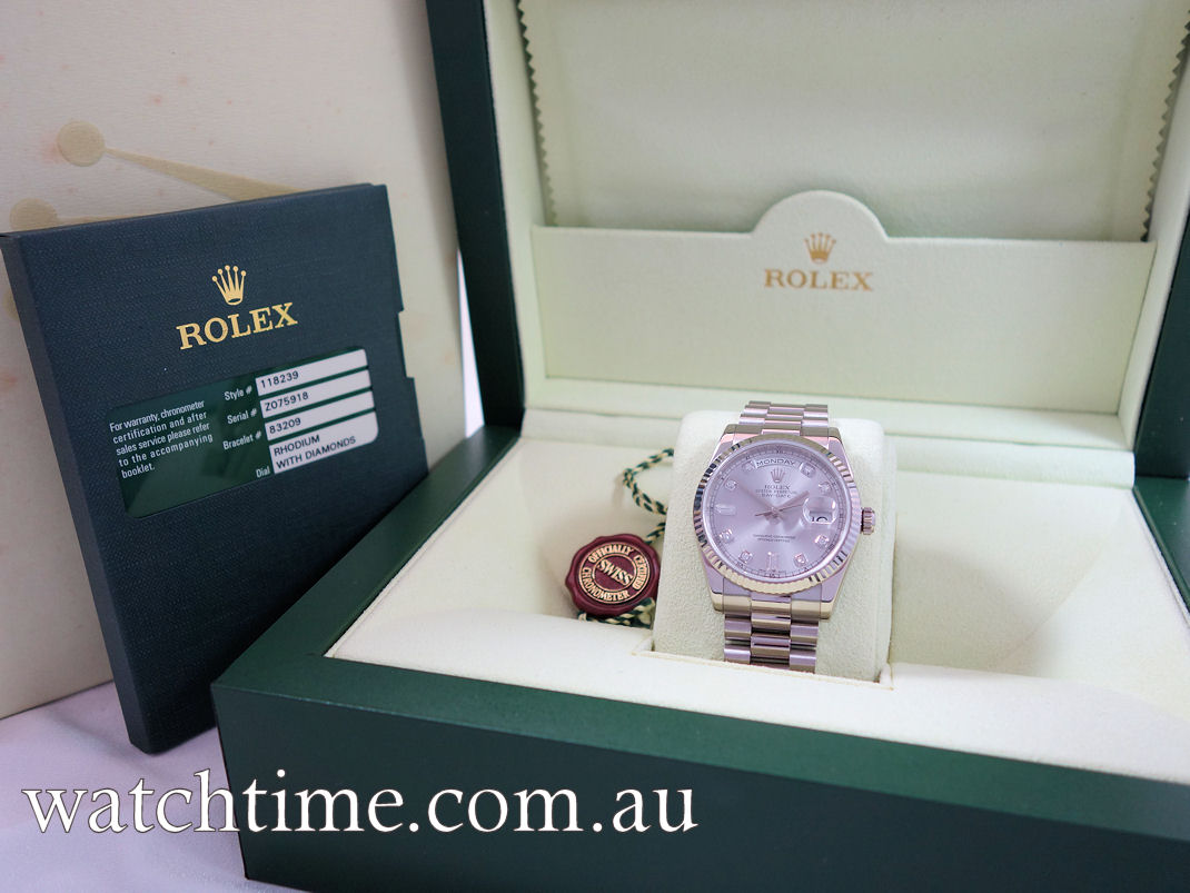 DSC02377 Rolex Day-Date 18K White-Gold, Rhodium Diamond-dial 118239 Box & Card