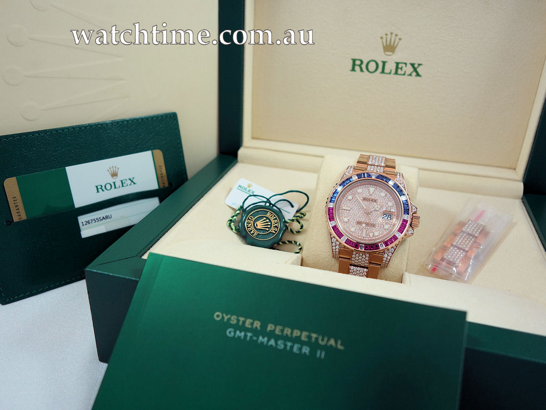 DSC03054 Rolex GMT-Master II 126755SARU Rose Gold Sapphire and Ruby Diamond Pave 2019 RETAIL $350,000