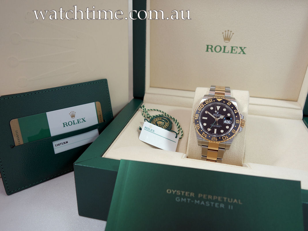 DSC03281 Rolex GMT II 18k Gold & Steel 116713LN 2019 Box & Card