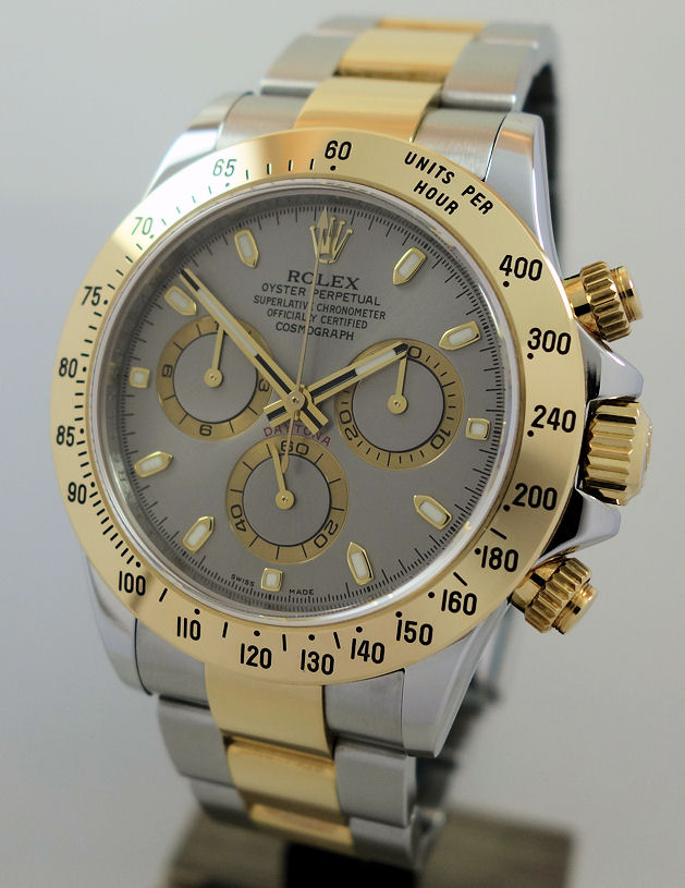 DSC04027 Rolex 18ct & Steel Daytona 116523 *Rare Grey Dial* with box. circa 2009 Mint!