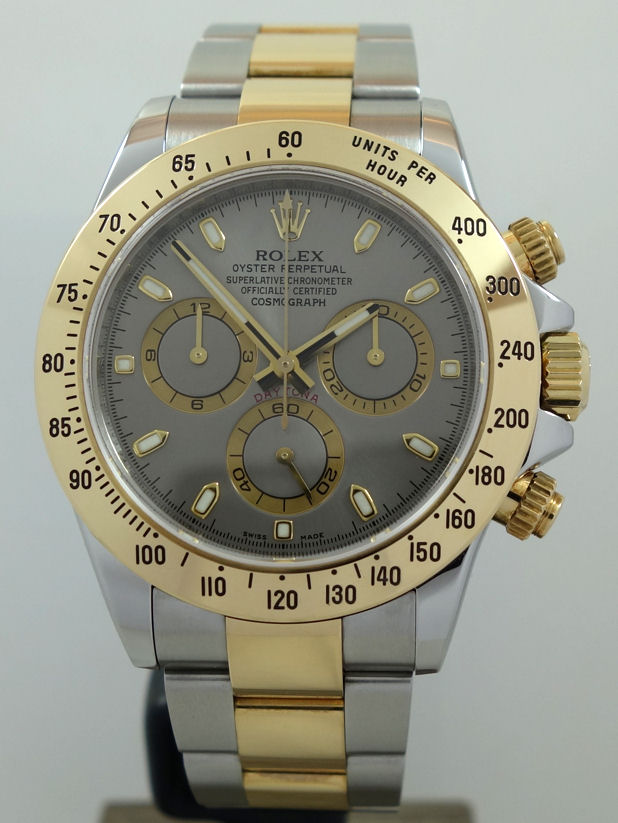 DSC04034 Rolex 18ct & Steel Daytona 116523 *Rare Grey Dial* with box. circa 2009 Mint!