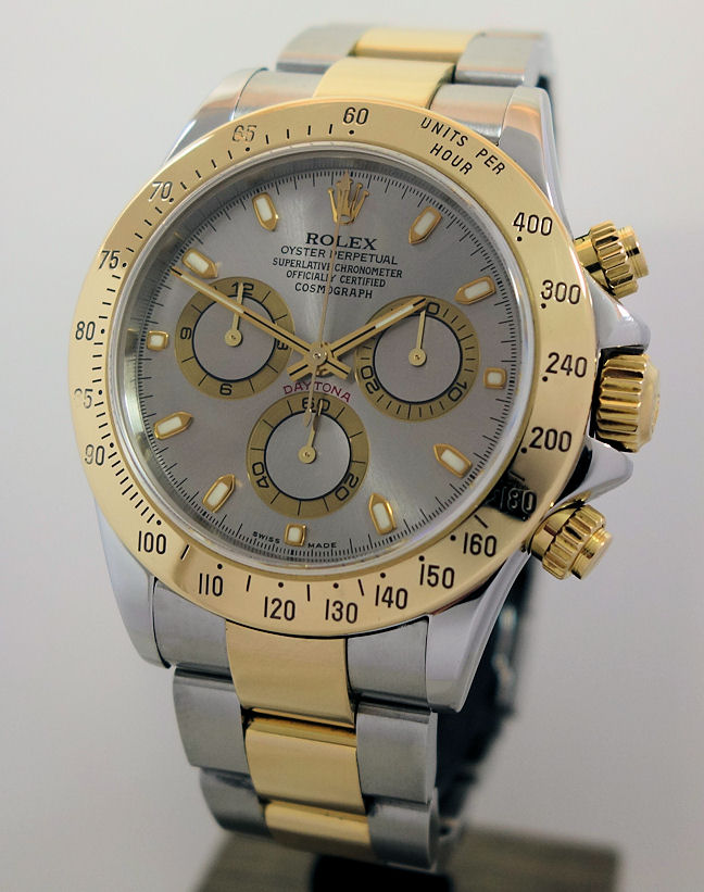 DSC04507 Rolex 18ct & Steel Daytona, Sunbrushed Grey/Gold Dial 116523 Full set!