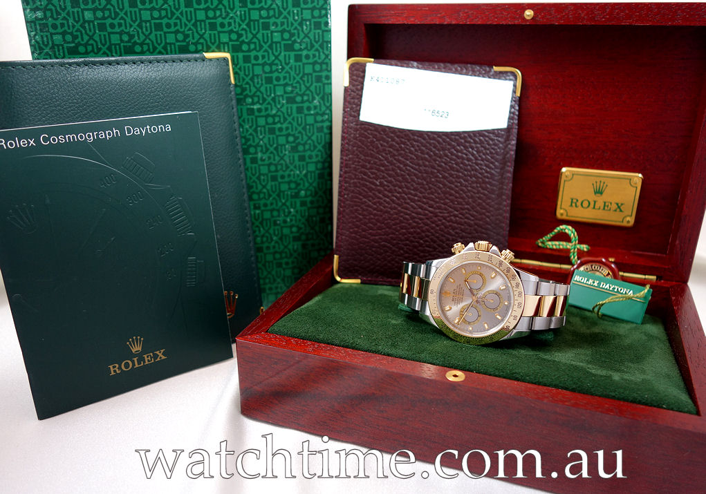 DSC04521 Rolex 18ct & Steel Daytona, Sunbrushed Grey/Gold Dial 116523 Full set!