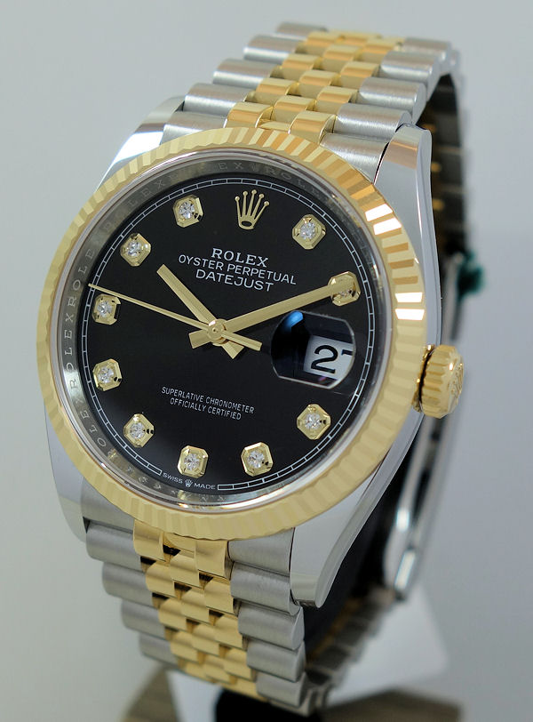 DSC04708 Rolex Datejust 36 Steel & 18k Gold, Black Diamond Dial 126233 Box & Card *UNUSED*