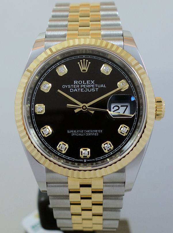 DSC04712 Rolex Datejust 36 Steel & 18k Gold, Black Diamond Dial 126233 Box & Card *UNUSED*