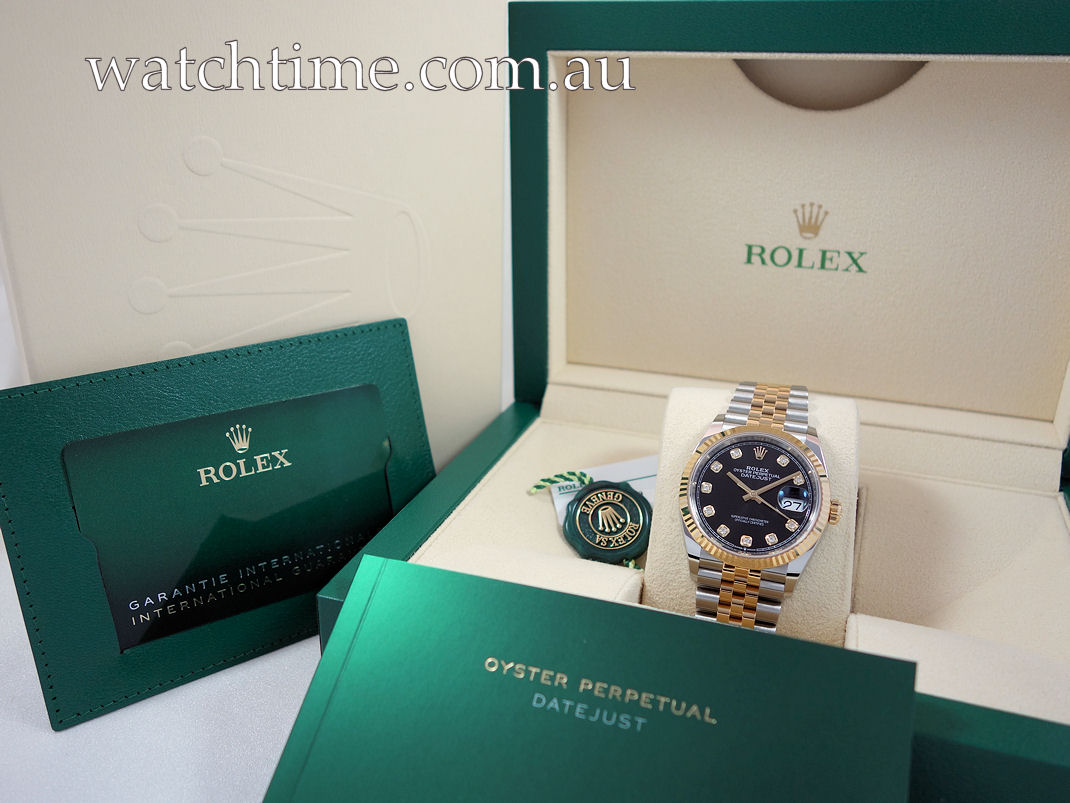 DSC04724 Rolex Datejust 36 Steel & 18k Gold, Black Diamond Dial 126233 Box & Card *UNUSED*