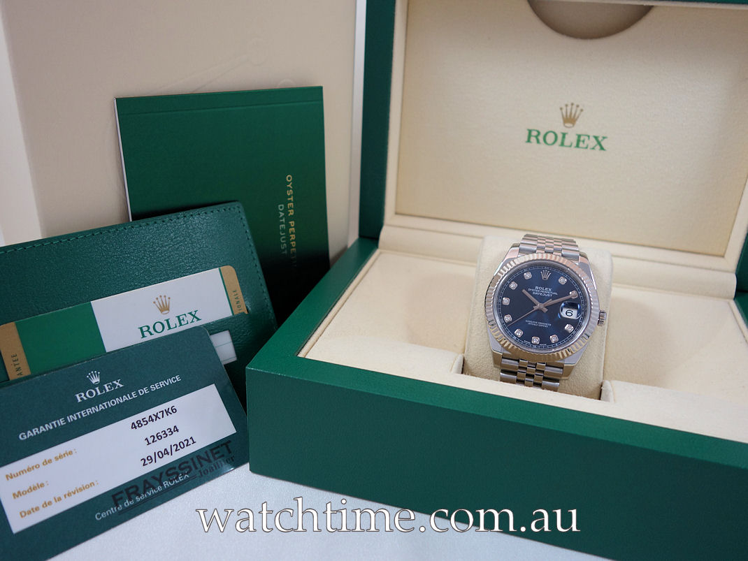DSC05803 Rolex Datejust 41 Blue Diamond dial, Fluted bezel, Jubilee bracelet 126334 Box & Card