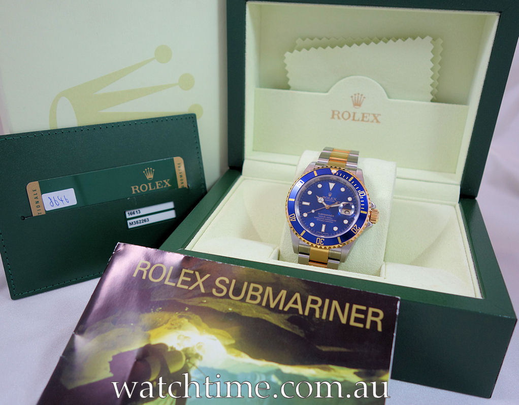 DSC05936 Rolex Submariner Date 18k & Steel, Blue dial 16613 Box & Card *Full Factory Stickers*