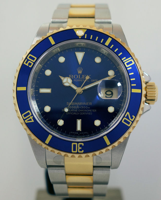 DSC05944 Rolex Submariner Date 18k & Steel, Blue dial 16613 Box & Card *Full Factory Stickers*