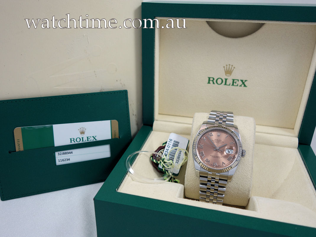 DSC07737 Rolex Datejust 36mm Steel, Salmon-Rose Roman dial 116234 Box & Card