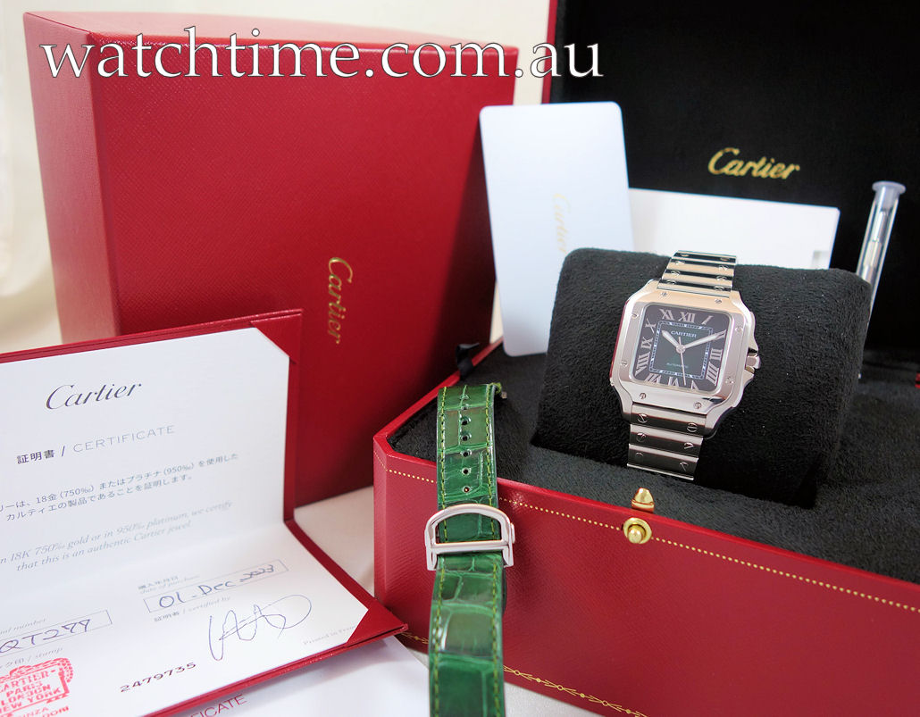 DSC00063 Cartier SANTOS DE CARTIER Midsize, Green Roman dial WSSA0061 Box & Card 2023