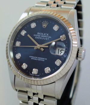 Rolex Datejust 36mm Blue DIAMOND dial, 18k W/Gold Bezel on Jubilee 16234  Full Set!