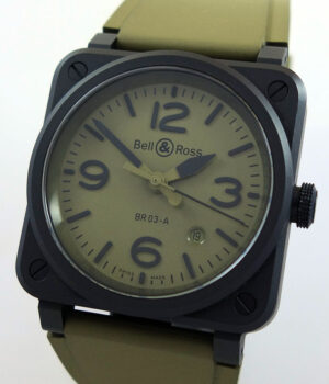 BELL & ROSS BR-03 MILITARY Black Ceramic 41mm, Khaki-dial 40% off Retail
