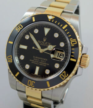 Rolex Submariner 18k & Steel Rare BLACK *DIAMOND DIAL* 116613LN   Box & Card