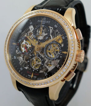 PERRELET GMT Chronograph 18k Rose-Gold, Diamond bezel & Skeleton dial  A3007/7