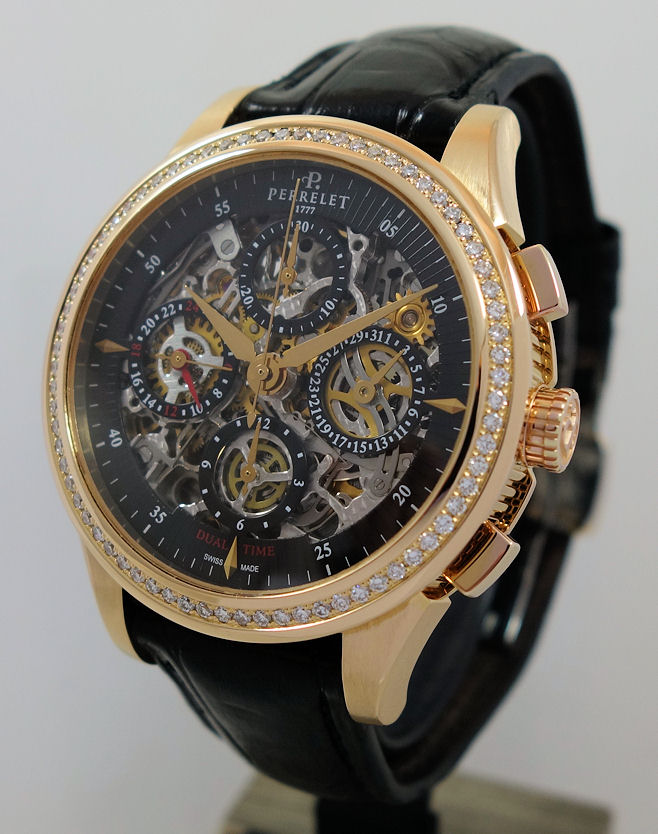 DSC03821 PERRELET GMT Chronograph 18k Rose-Gold, Diamond bezel & Skeleton dial A3007/7
