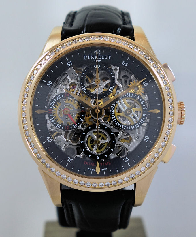 DSC03825 PERRELET GMT Chronograph 18k Rose-Gold, Diamond bezel & Skeleton dial A3007/7