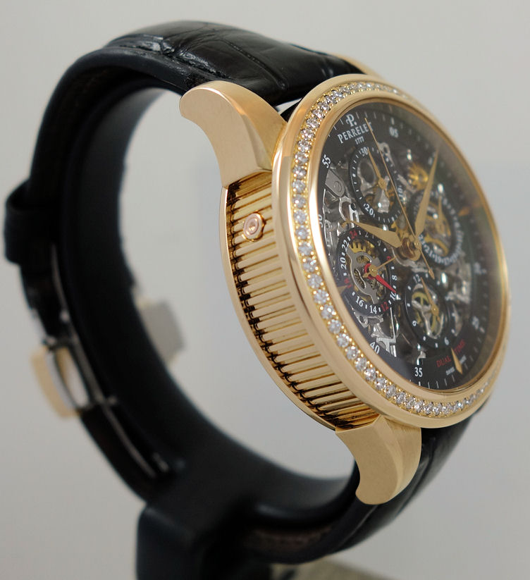 DSC03830 PERRELET GMT Chronograph 18k Rose-Gold, Diamond bezel & Skeleton dial A3007/7