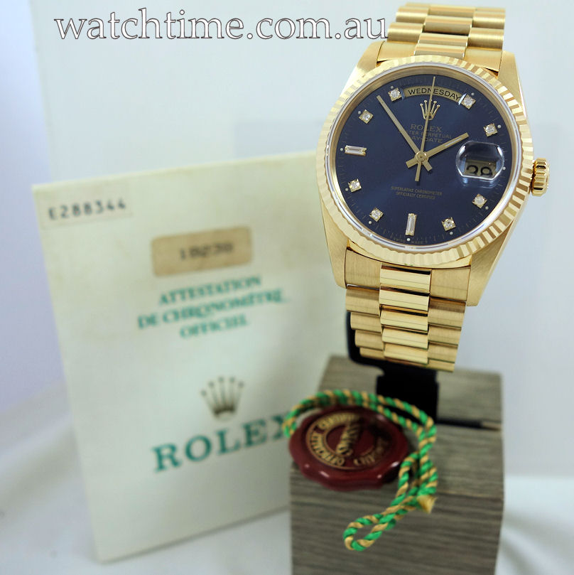 DSC05255 1992 ROLEX 18k President Day-Date 18238 Blue Diamond-dial. Rolex Warranty Papers