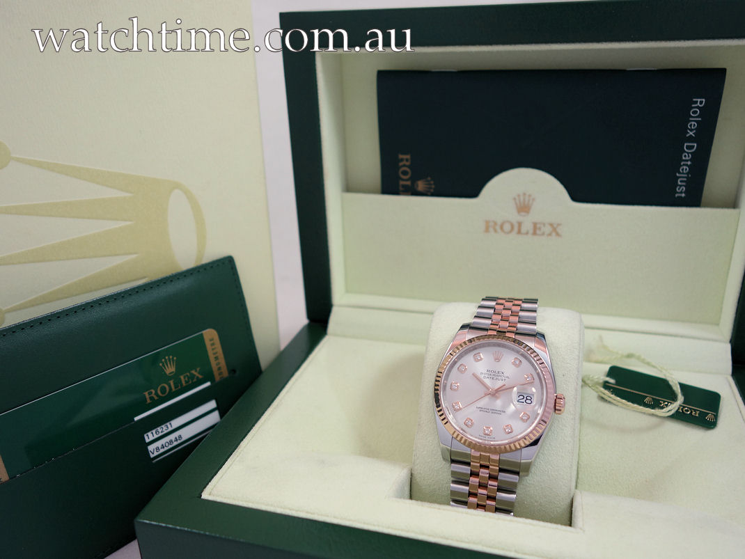 DSC05934 Rolex Datejust 36 Everose 18k & Steel 116231 Silver Diamond-dial Box & Card
