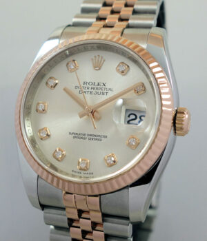 Rolex Datejust 36  Everose 18k & Steel 116231 Silver Diamond-dial Box & Card