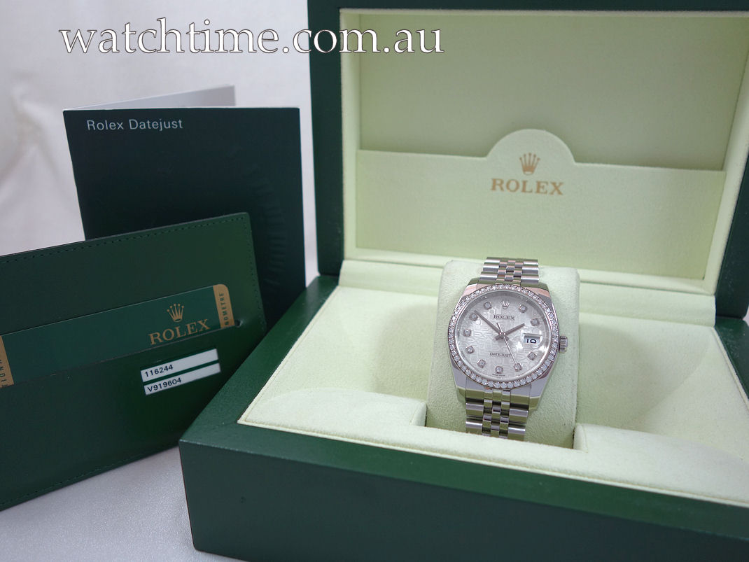 DSC06534 Rolex Datejust 36 Factory Silver Diamond-Dial & Factory Diamond Bezel 116244 Box & Card