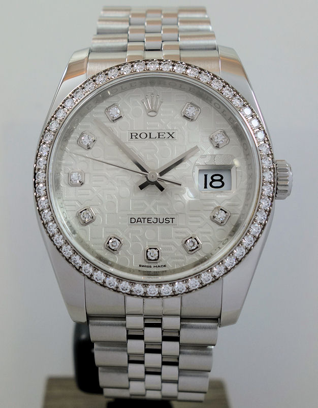 DSC06542 Rolex Datejust 36 Factory Silver Diamond-Dial & Factory Diamond Bezel 116244 Box & Card