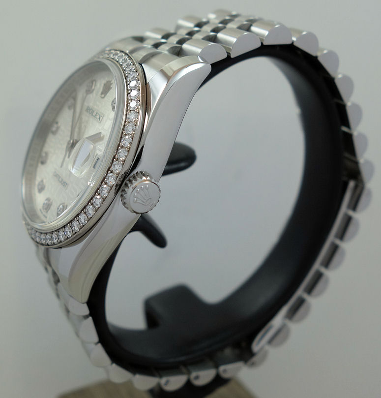 DSC06544 Rolex Datejust 36 Factory Silver Diamond-Dial & Factory Diamond Bezel 116244 Box & Card